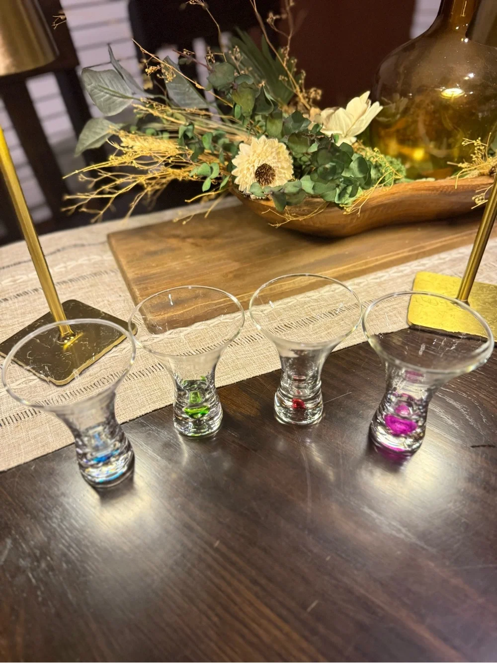 Set Of 4 Vtg Blown Multi Colored Bubble 4” Double Shot  Tall Glasses